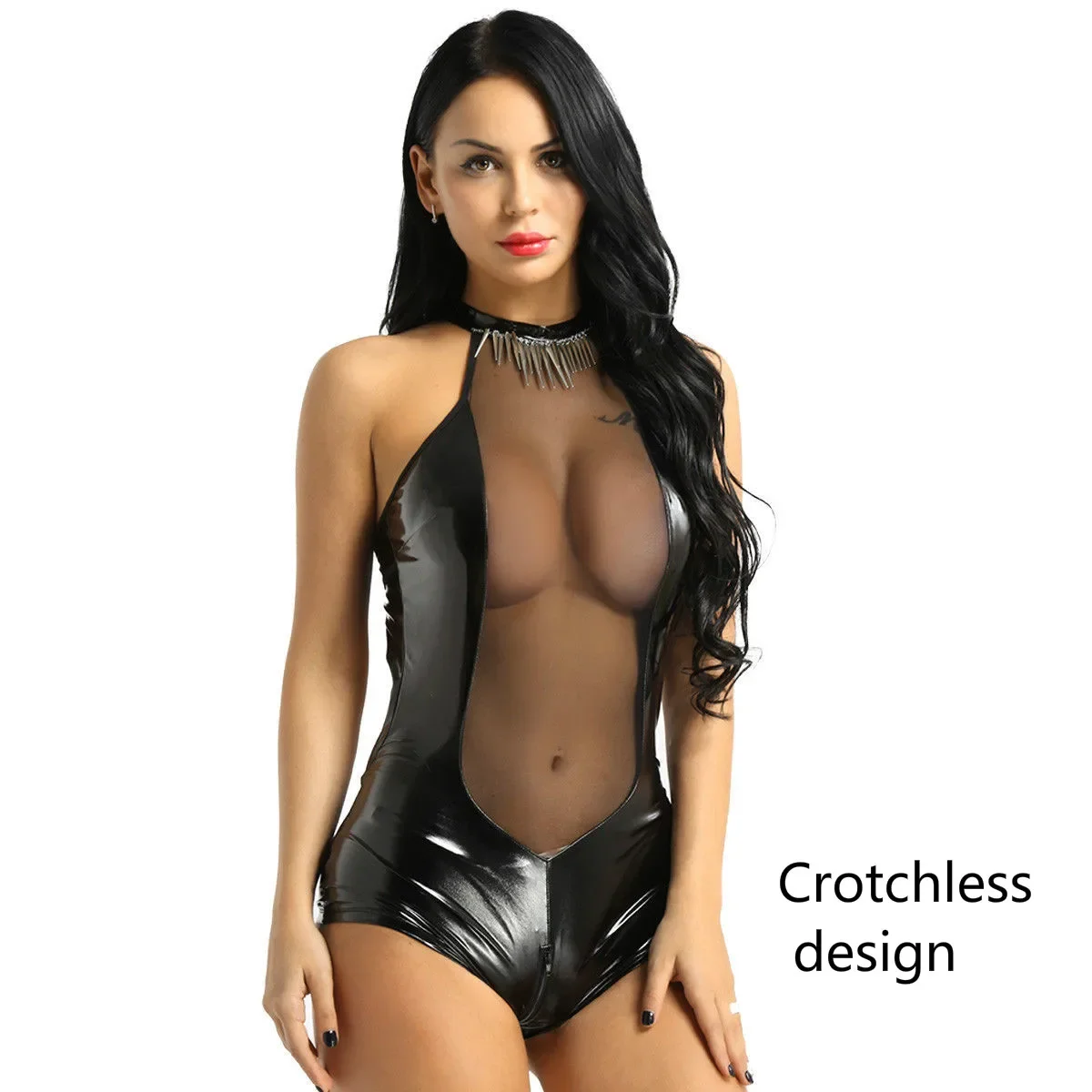 

Sexy Crotchless Latex Bodysuit Net Lingerie Breast Exposing Transparent See Through Catsuit