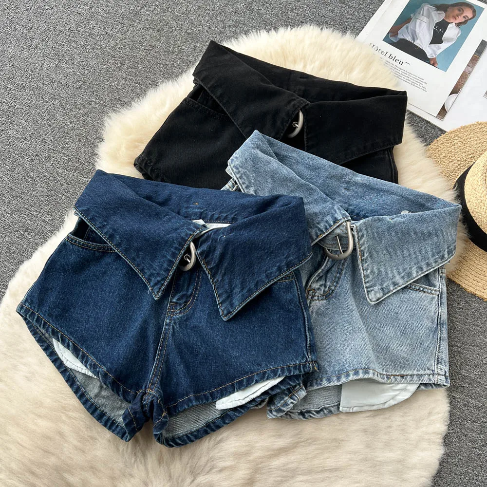 Retro Fashion Ultra Short Jeans Women's Summer New High Waist Flip Over Personalized Wide Leg A-line Denim Hot Pants