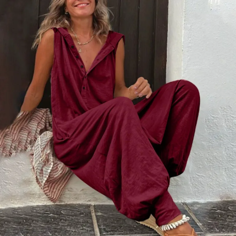 Hot Sale Women Solid Hooded Jumpsuit Button Sleeveless Loose Baggy Long Pants Romper view 4
