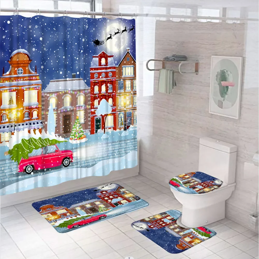 Christmas Red Truck Shower Curtain Set Rustic Car Farmhouse Xmas Tree Winter Snowflake Bathroom Decor Bath Mat Rug Toilet Cover