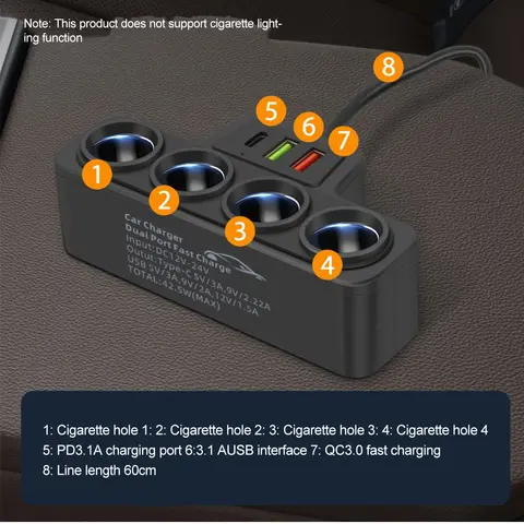 4 in 1 USB Charger 120W Car Cigarette Lighter Splitter 12V 24V Fast Charger Plug Phone Power Adapter USB+QC3.0+PD3.1A