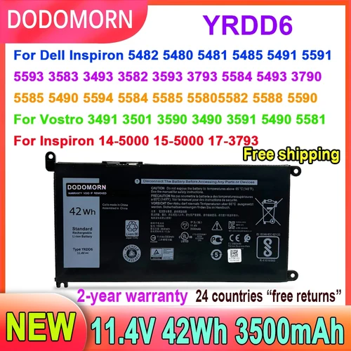 DODOMORN-Batería de ordenador portátil YRDD6 para Dell Vostro 3491, 3591, 3490, 3590, 3501, 5481, 5482, 5485, 5491, 5591, 5485 V