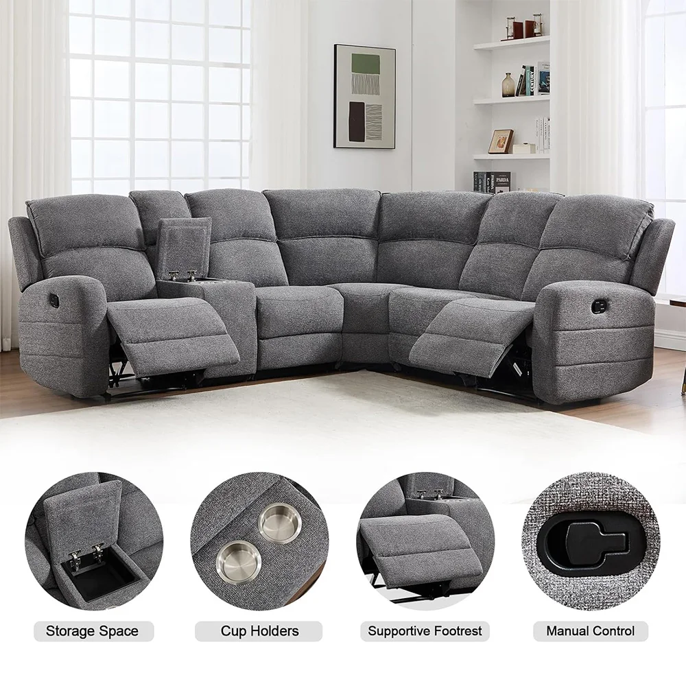 EBELLO Fabric L-Shaped Reclining Large Corner Sofa Sectional Sofa Couch for Living Room, with Padded Headrest, 2 Cup Holders