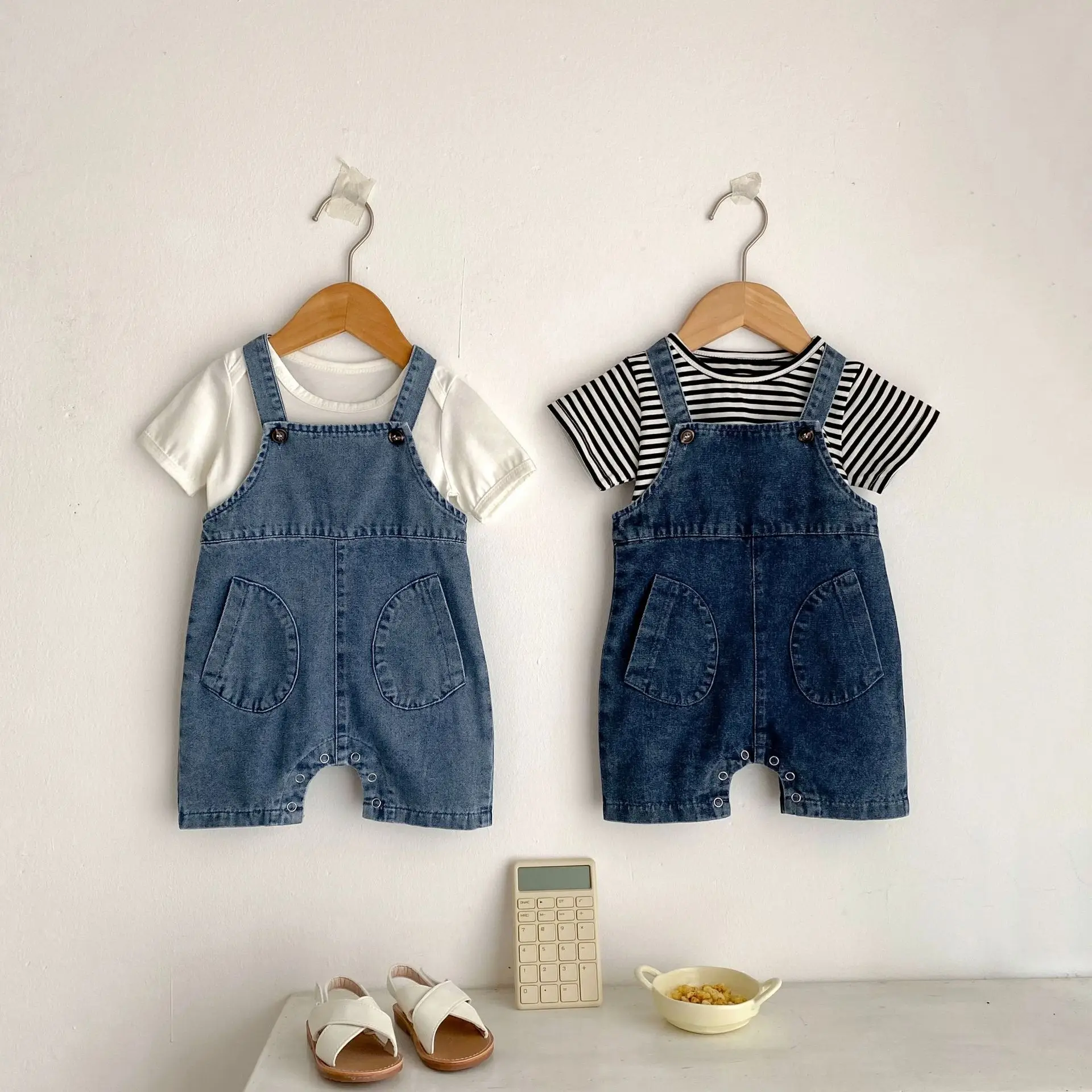 2026 Summer New Clothing for Infants Children Boys and Girls Strap Pants Baby Denim Pant Korean Short Romper