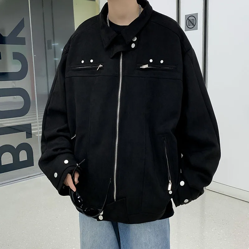 

American Casual Suede Leather Jacket Men's Loose Fit Collar Autumn Stylish Design High Street Fashion Outerwear Top