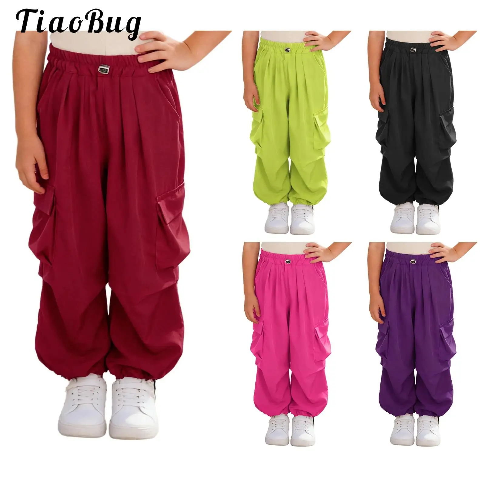 

Kid Girls Drawstring Cargo Pants Elastic Waistband Trousers with Multiple Pockets Dancewear for Hip Hop Jazz Dance Skateboarding