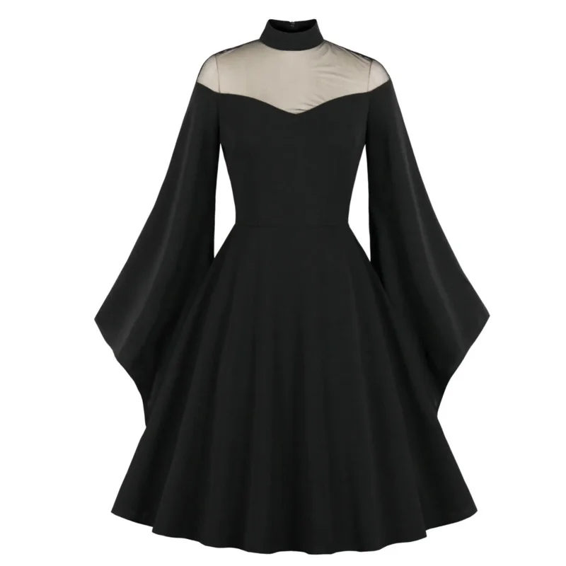 Women Gothic Black Dress Medieval Retro Queen Princess Party Halloween Evening Robe Flare Sleeve Swing Cosplay Costume Dresses R