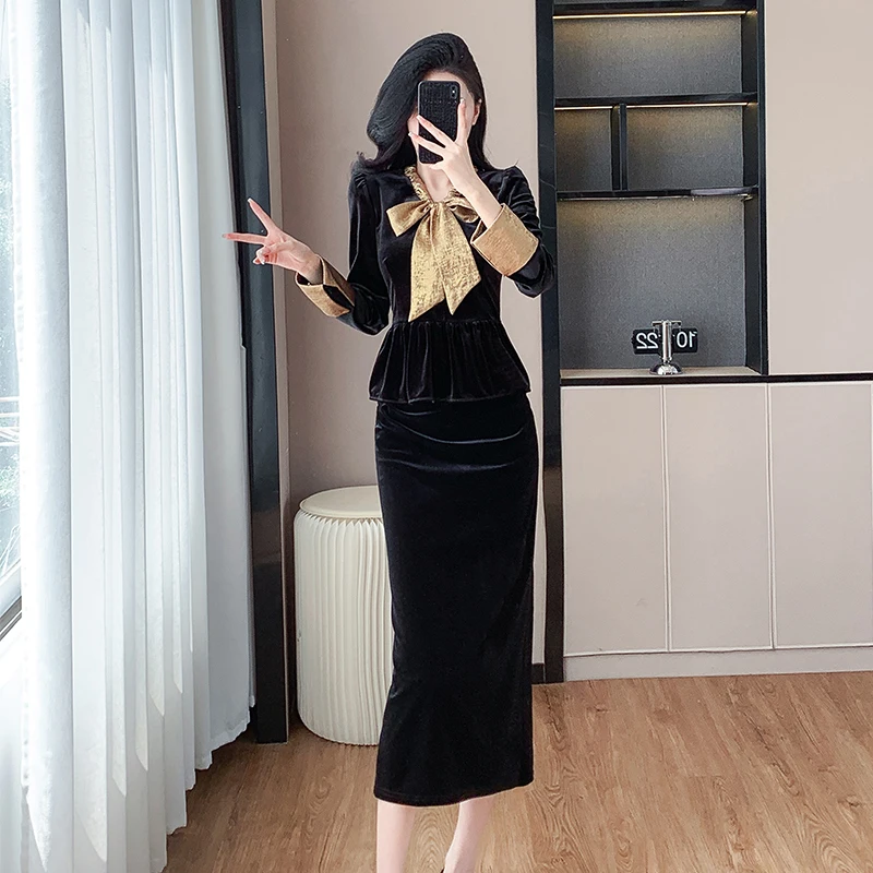 Office Ladies Velvet Two Piece Set New Autumn Winter Gold Lacu Up Bow Collar Ruffles Top + Split Velour Pencil Midi Skirt Suits