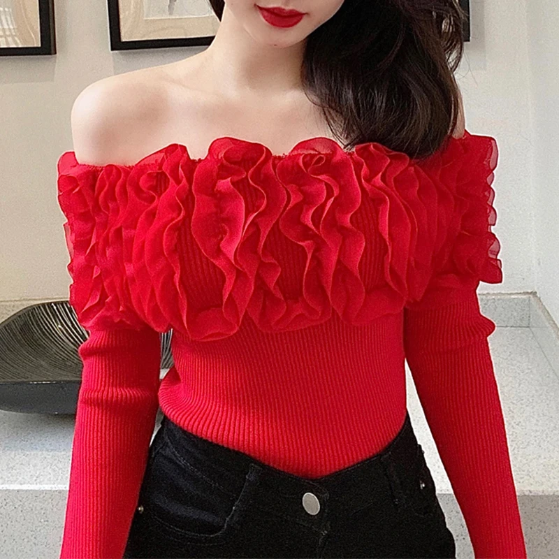 Spring Autumn High Quality Knitted T-Shirt Chic Sexy  Off Collar Ruffles Women Tops Long Sleeve Stretchy Slim Tees Pullover 3990