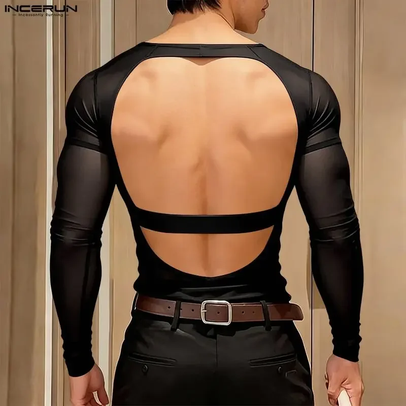 INCERUN Herren T-Shirt Einfarbiges Netz Durchsichtiges Rückenfreies Ausgeschnittenes Männer-Oberteil Langarm Camisetas Sexy Persönliche Herrenkleidung