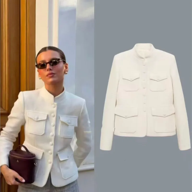 

Women Simple Jacket New Spring Long Sleeve Stand Collar Button Pocket Women's Jacket Solid Lady Coats Female Chic Tops