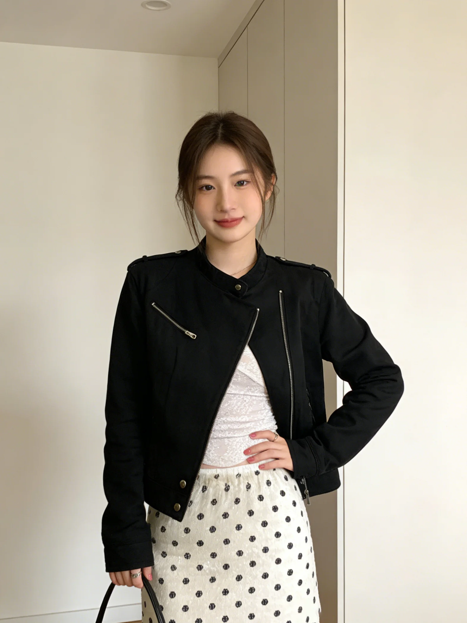 Retro American Short Zipper Jacket Women's Spring Youthful Workwear Shoulder Pad Stand Collar Coat Stylish Ageless Top
