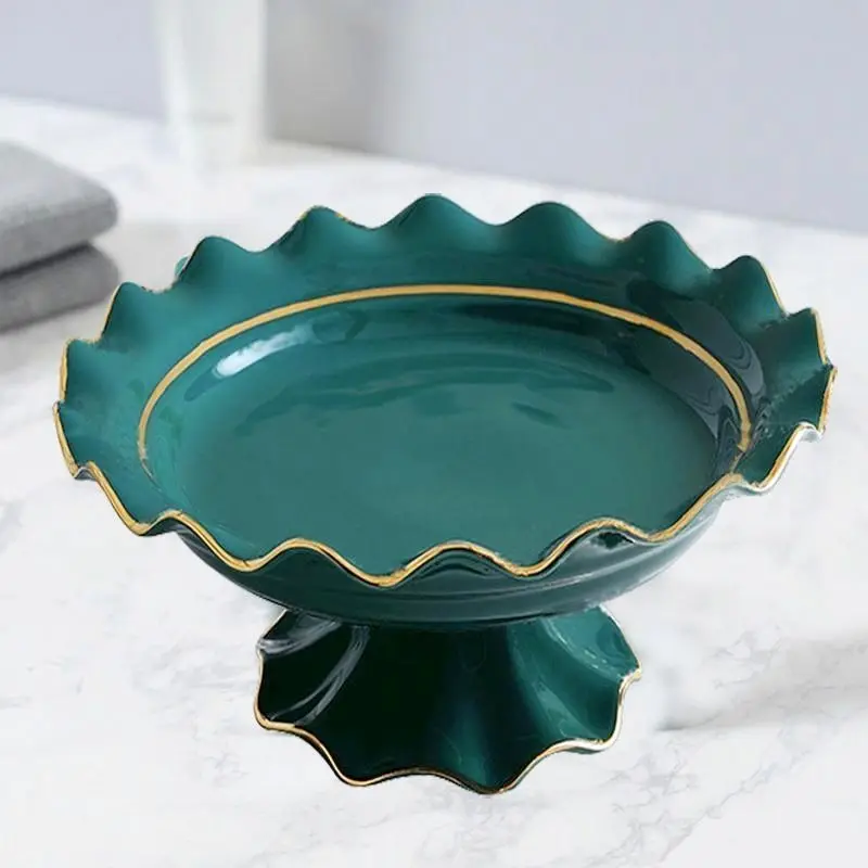 Green Ceramic Snack Platter with Cover Flower Shape Fruit Dessert Plate High Cake Stand Tissue Storage Box Rectangular Tray