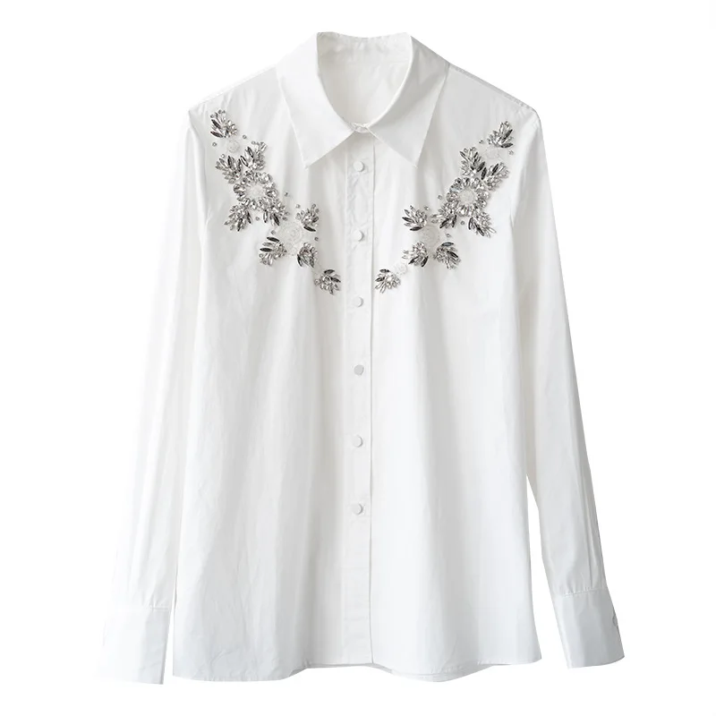 Lapel Handmade Diamond-encrusted White Shirt Women Long Sleeve Tops Camisas De Mujer