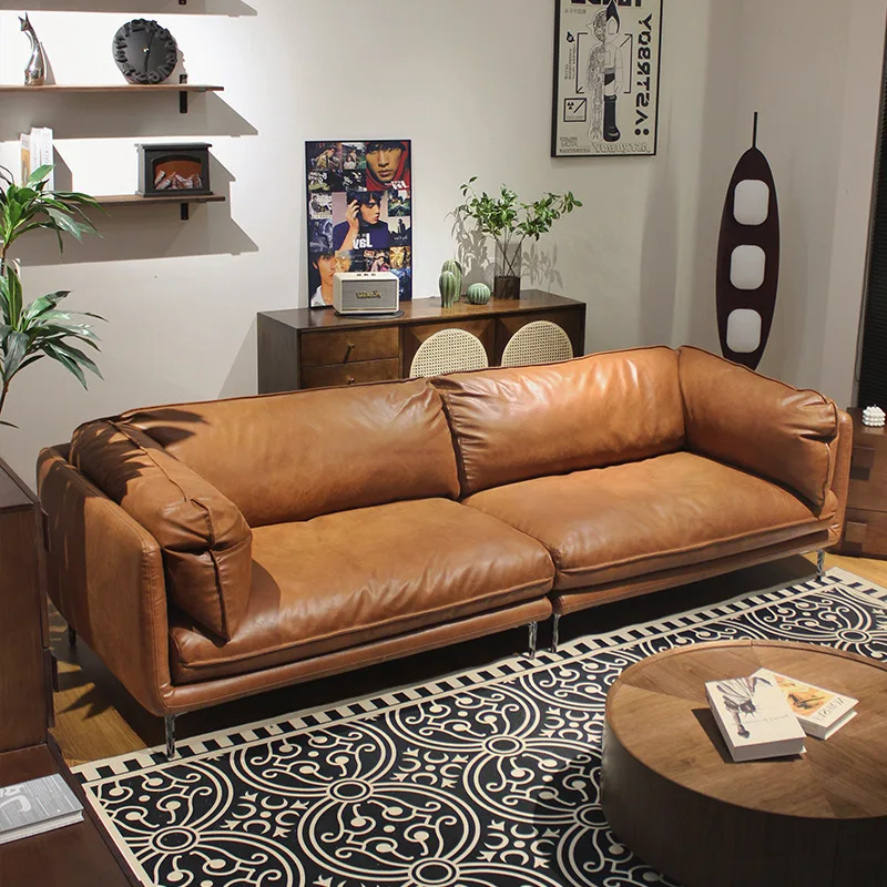 

Mid-style sofa, French vintage Nordic expression sofa, living room, oil wax leather technical fabric, double small apartment
