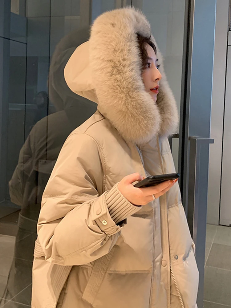 Winter Big Fur Collar Warm Parka Down Jackets Women White Duck Down Jacket Hooded Thick Neck Long Knee Length Down Coat Female