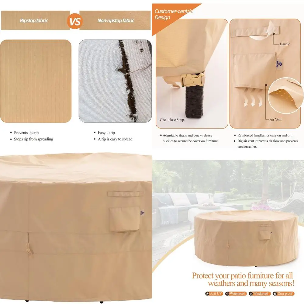 

Круглый чехол для мебели для патио, высота 96 x 31, водонепроницаемый, устойчивый к ультрафиолетовому излучению бежевый чехол для обеденного стола и стульев на открытом воздухе