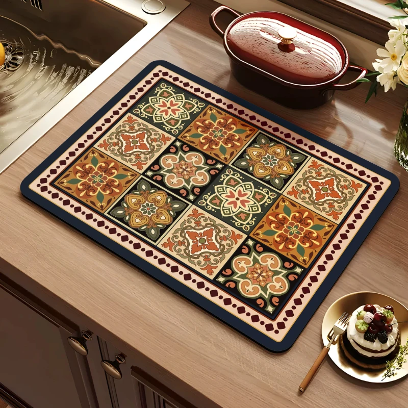 VIKAMA Boho Paisley Pattern Kitchen Draining Mat for Sink Counter Quick Dry Waterproof Placemat Durable Reusable Decor