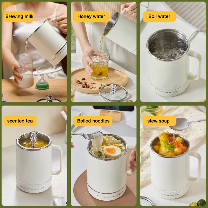 Electric Kettle Stainlesss Steel Water Heating Boiler Tea Pot Cup Portable Travel Mini Hotpot Skillet Food Cooking Noodle Cooker