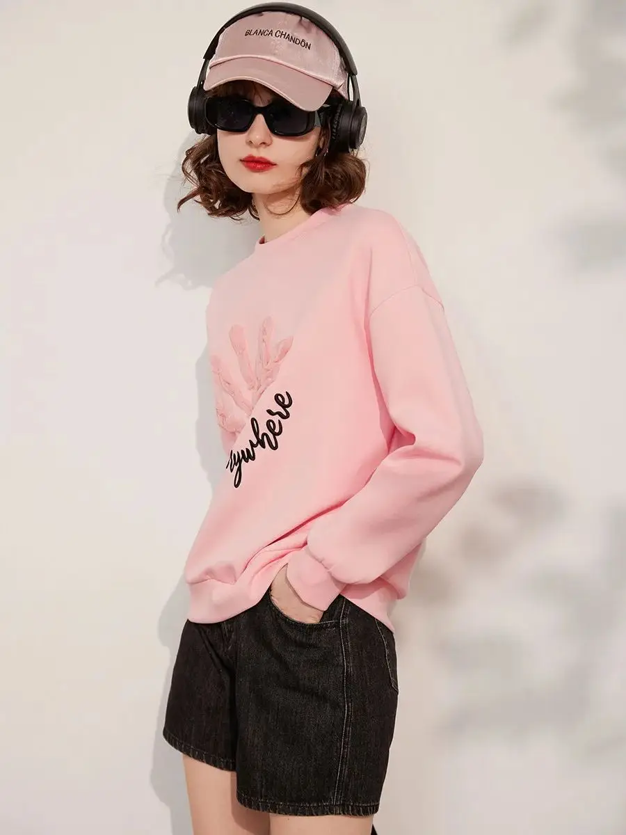 LOUIS YAO Women Hoodies 2024 Spring New 3D Embroider Flower Round Neck Long Sleeve Loose Fit Casual Pullover Women Tops