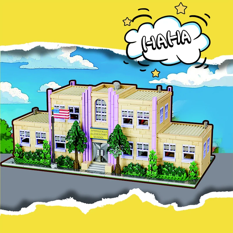 Barweer Creative Anime Springfield Elementary School Building Blocks Set 3500PCS Street View Classic Town Schoolhouse Modular Architecture Model Kit