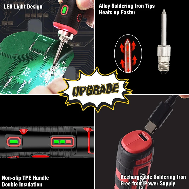 ترقية 11 واط 2500 مللي أمبير طقم مكواة لحام لاسلكية ماكس 968 ℉   تسخين سريع محمول USB قابل لإعادة الشحن بسعة عالية مع مستشعر لمس