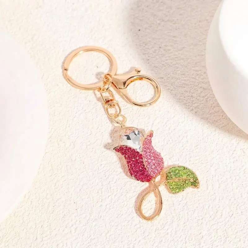 Blumen-Schlüsselanhänger, mehrfarbig, mit Strasssteinen und Kristallen, Auto-Schlüsselanhänger, Damen-Handtaschenanhänger, modisches Rucksack-Accessoire, Souvenir-Geschenk, Rosa – Detail 5
