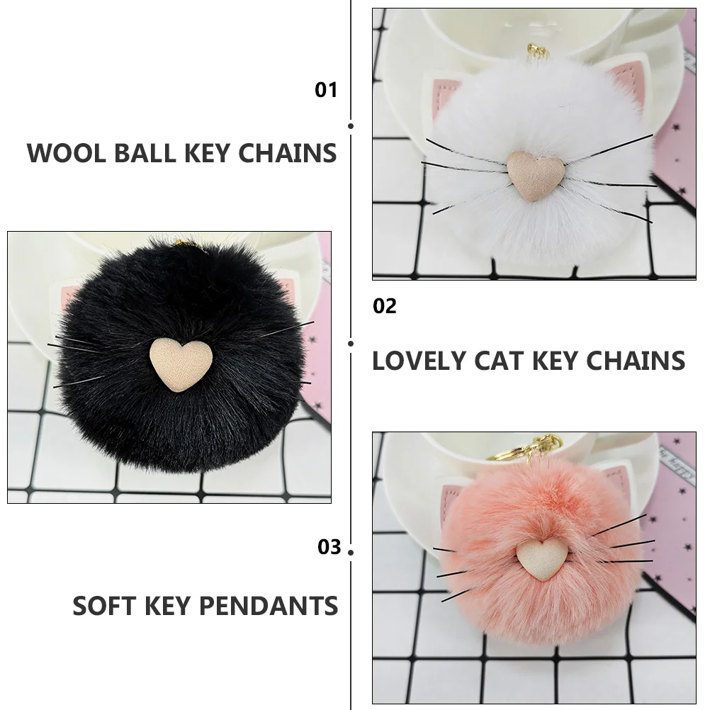 3 Pcs Key Chain Child Decor Fluffy Cat Ear Keychain Faux Rabbit Fur Pom Lovely Chains