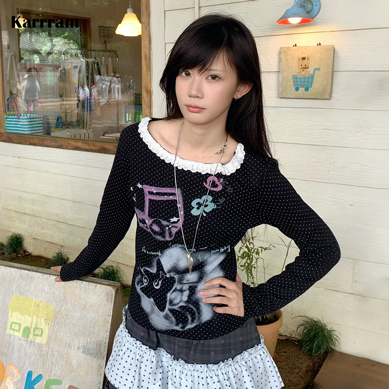 Camiseta Karrram con Estampado de Anime Japonés Y2K, Estilo Años 2000, Manga Larga, con Puntos, Vintage, Harajuku, con Parches de Encaje, Tops Cutrecore