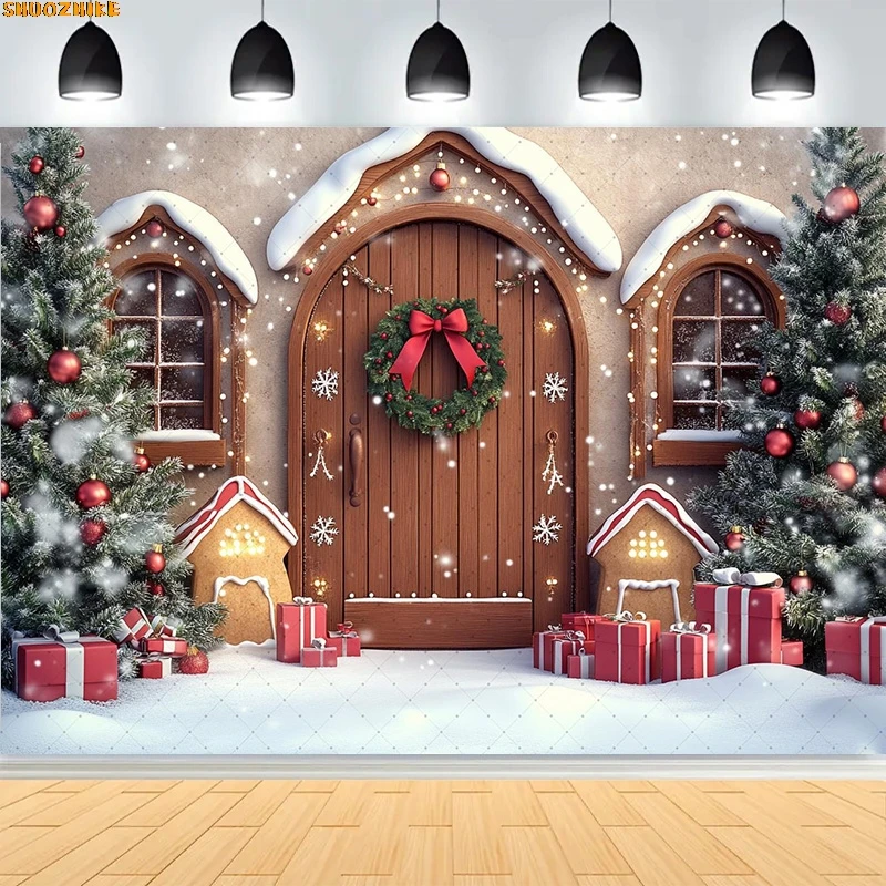 

Christmas Day Wreath Family New Year Party Photography Backdrops Prop Window Living Room Xmas Tree Gift Snow Background WD-05