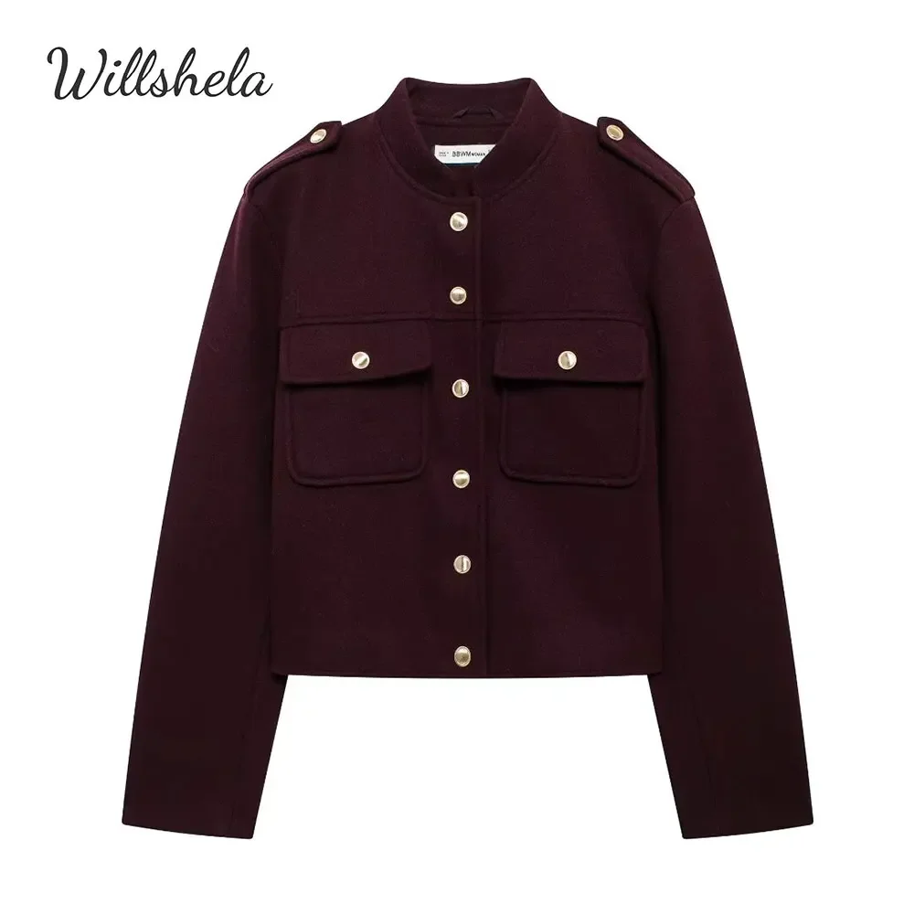 Willshela Women Fashion Autumn Winter WineRed Jacket O-Neck Long Sleeves Female Chic Lady Casual Outfits Short Coat