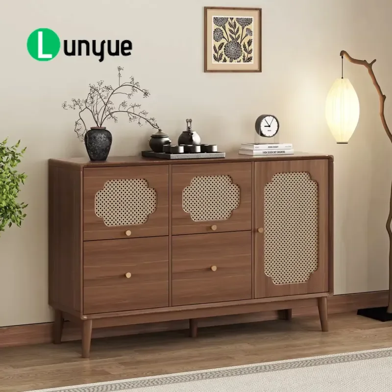 Medieval Wall Mounted Side Cabinet Solid Wood Rattan Coffee Table Locker Storage Furniture for Living Room Bedroom Vintage
