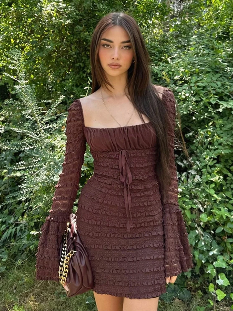 女性ブラウン A ラインボディコンドレスヴィンテージファッション長袖スクエアカラーミニドレス Y2k ワンピースフロック 2000 年代服 2024