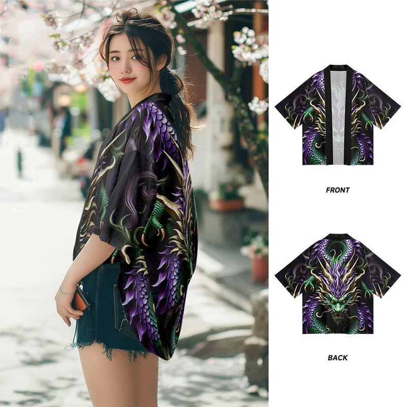 سترة هاراجوكو مطبوعة بالتنين كيمونو ملابس الشارع للرجال والنساء سترة كوسبلاي هاوري يوكاتا للشاطئ على الطراز الياباني مقاس كبير
