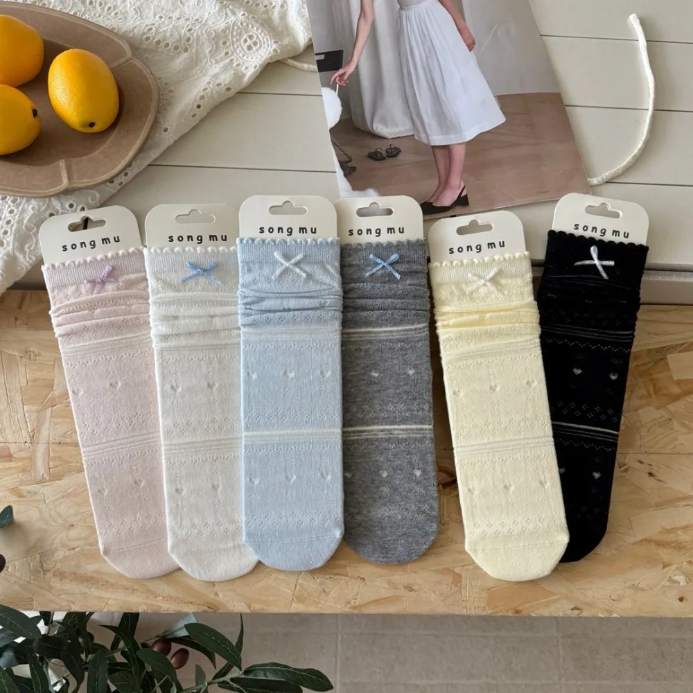 Spring Summer Sweet Cream Korean Style Bow Heart Hollow-Out Seamless Ultra-Thin Breathable Stacked Mid-Calf Socks for Girls