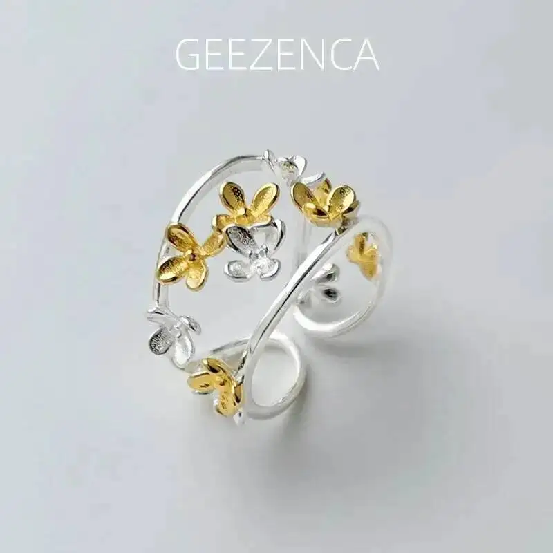 

GEEZENCA 925 Sterling Silver Two Tone Osmanthus Flower Open Ring For Women Hollow Craft Cute Unique Chic Rings 2024 New Gift