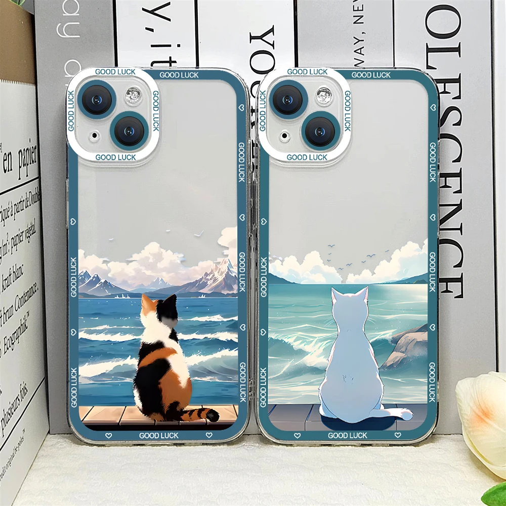 Чехол для телефона с забавным закатом и котом для IPhone 15 14 13 12 11 Pro Max XS X XR SE2 7 8 Plus, прозрачный мягкий чехол с пейзажем для Iphone 11, чехлы