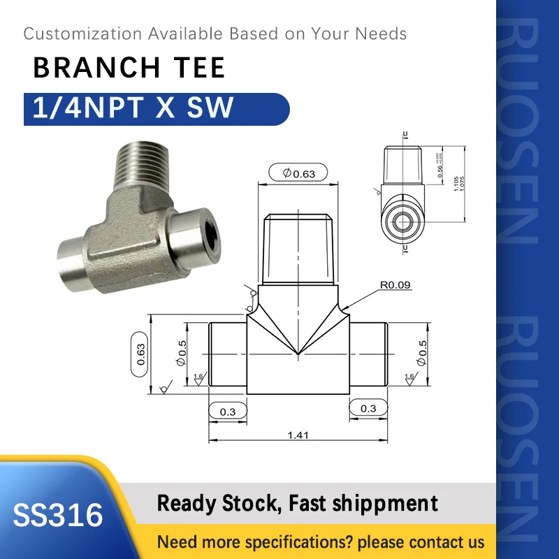 BRANCH TEE 1/4NPT X SOCKET WELD CONNECTIONS SS316 FITTINGS CUSTOMIZED ALL SIZE/MATERIAL/THREAD SWAGELOK SSP PARKER AEROQUIP