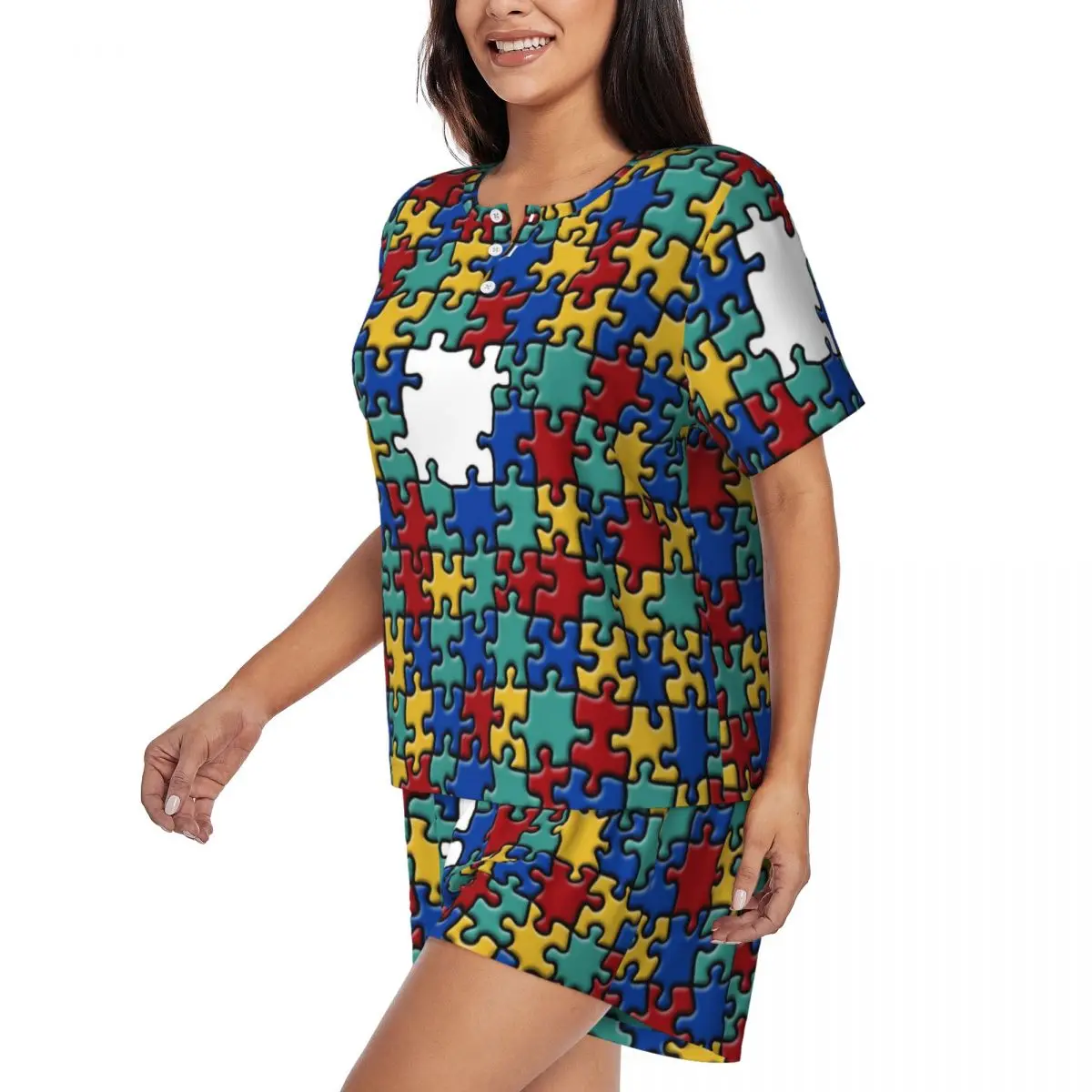 Custom Print Women's Colorful Puzzle Autism Awareness Pajamas Set Two-piece Pjs Sets Short Sleeve Sleepwear Loungewear