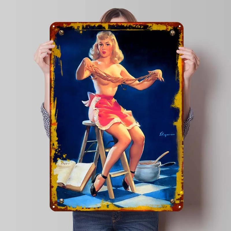 Flirty in Red Apron Vintage Metal Poster Wall Decoration Items Custom Metal Tin Signs for Wall Art Decoration Retro Man Cave