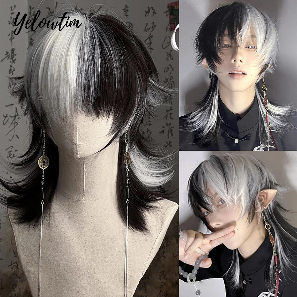 

YELOWTIM Short Mullet Head Wigs with Bangs Synthetic Straight Anime Men Black White Gray Green Hair Wig for Daily Party Cosplay