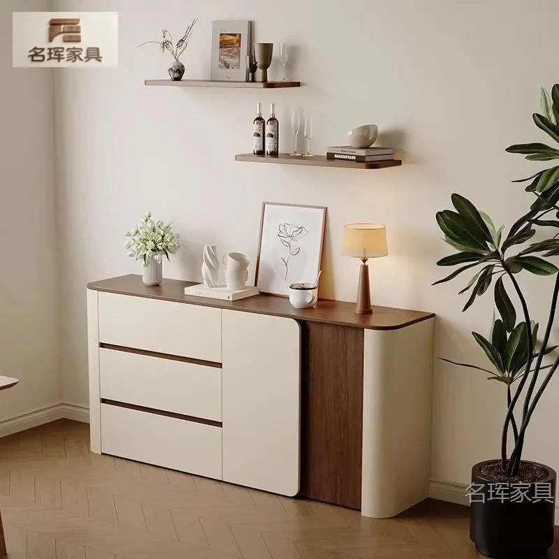 2026 New Cream Style Curved Side Cabinet Integrated Chest Free Handle Wall Mounted Advanced Storage Tea Cabinet