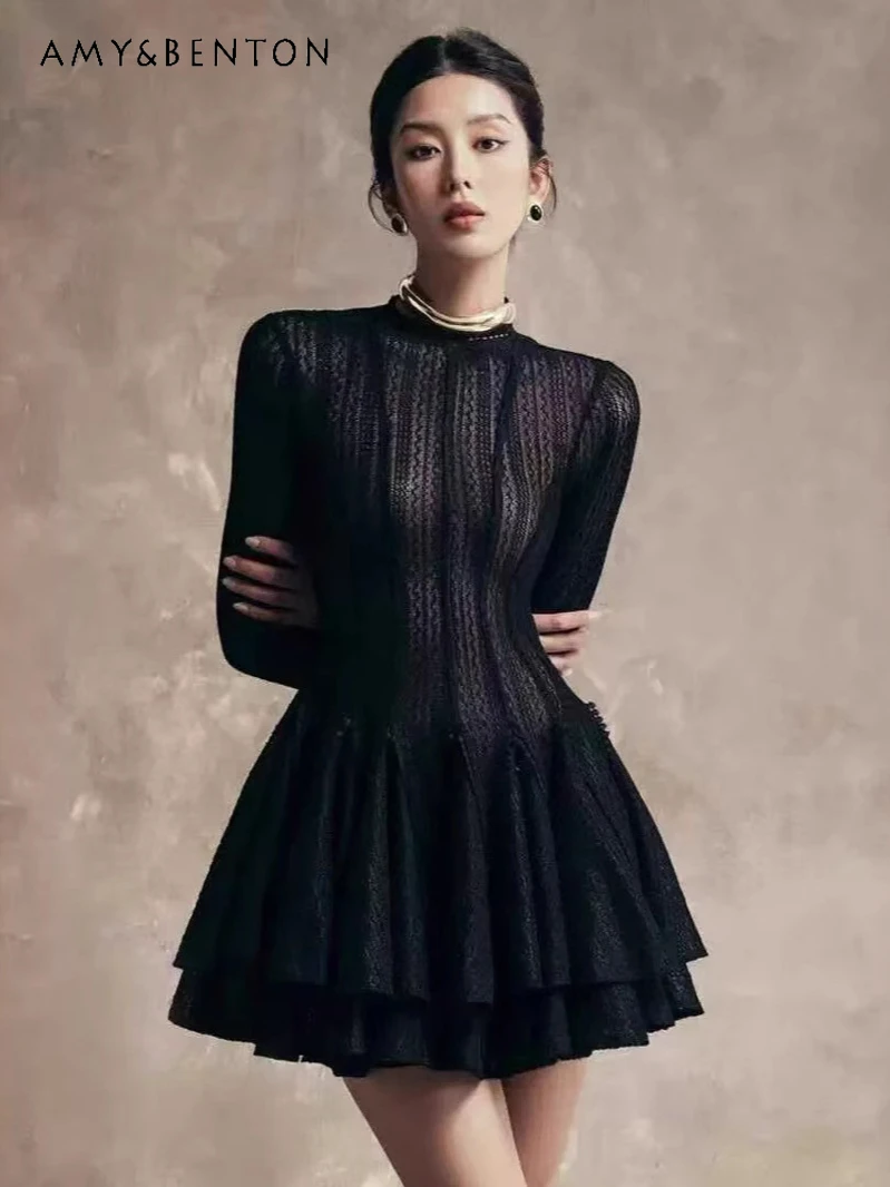 Hepburn Style Temperament Black Round Neck Long-sleeved Mini Dress Trendy Slim Princess Tutu Dresses Birthday Dress for Women