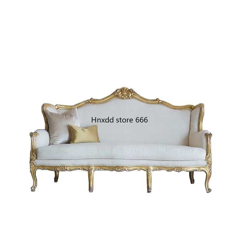 French Entry Lux Solid Wood Small Apartment Living Room American Simple Fabric Golden Carved Couch