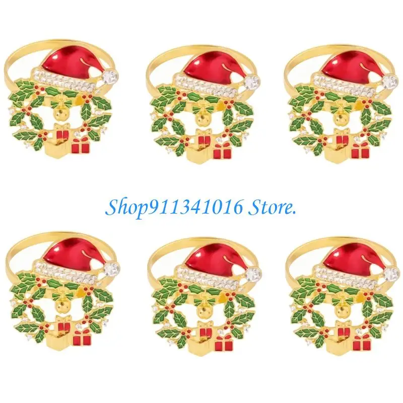  Christmas Napkin Rings with Rhinestones Design and 6-Piece Metal Holders Set