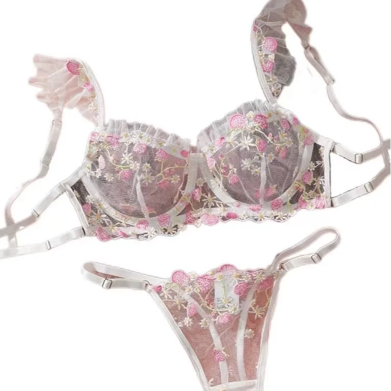 New French Strawberry Embroidery Mesh Bra Lingerie Sets Erotic Suits For Women Hot Caliente Lady Female Outfit Sexy Lingerie Set