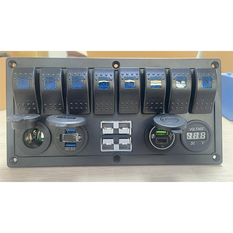 12-24V Marine Boat Andeson Plug Blue LED Rocker Switch Panel 8 Gang Switches