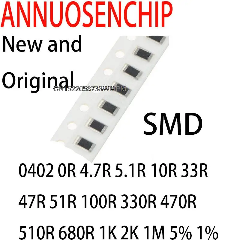 100PCS New and Original 0402 chip SMD resistor 0R 4.7R 5.1R 10R 33R 47R 51R 100R 330R 470R 510R 680R 1K 2K 1M 5% 1%