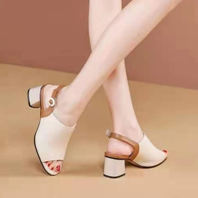 Damskie sandały w dużych rozmiarach Fish Mouth Mixed Colors Slippers Elegant Buckle High Heels Chunky Heel Party Shoes Sandalias De Mujer