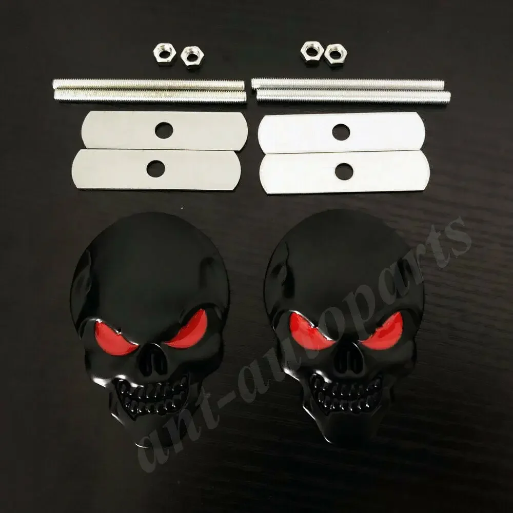 

2x Big Black Metal Skull Skeleton Head Evil Bone Car Front Grille Emblem Badge